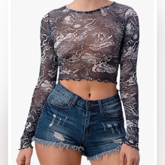 Sexy LONG SLEEVE DRAGON PRINT MESH cropped CROP TOP Raver party t-shirt New L/S - Picture 4 of 6